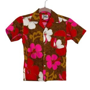 Vintage Pacific Isle Creations Hawaiian Shirt Youth‎ Size 10 Red Pink Hibiscus